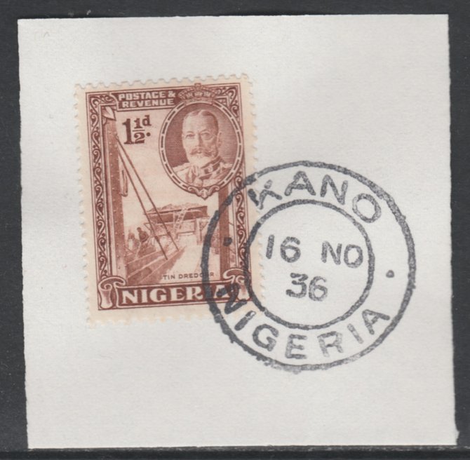 Nigeria 1936 KG5 Pictorial 1.5d brown, SG 36 on piece with full strike of Madame Joseph forged postmark type 302, stamps on , stamps on  stamps on , stamps on  stamps on  kg5 , stamps on  stamps on 