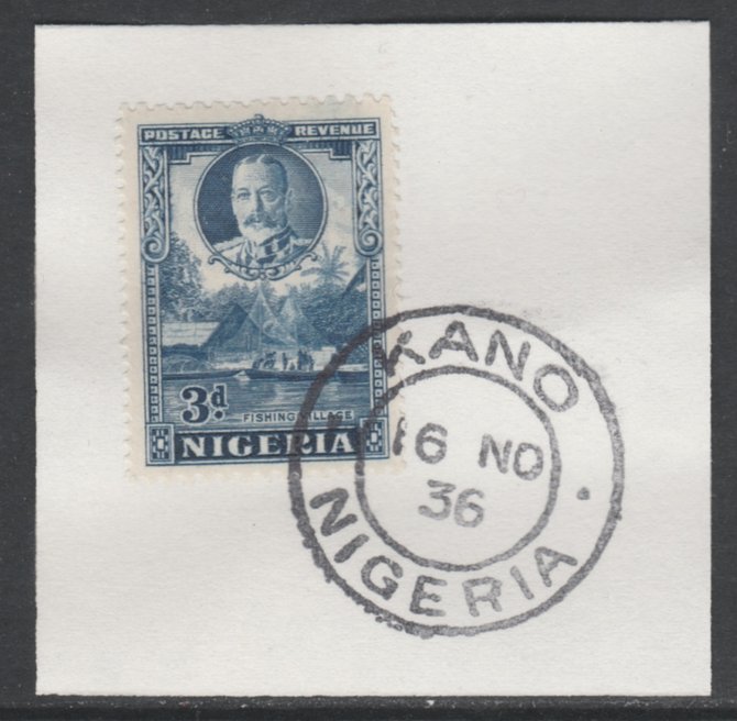 Nigeria 1936 KG5 Pictorial 3d blue, SG 38 on piece with full strike of Madame Joseph forged postmark type 302, stamps on , stamps on  kg5 , stamps on 