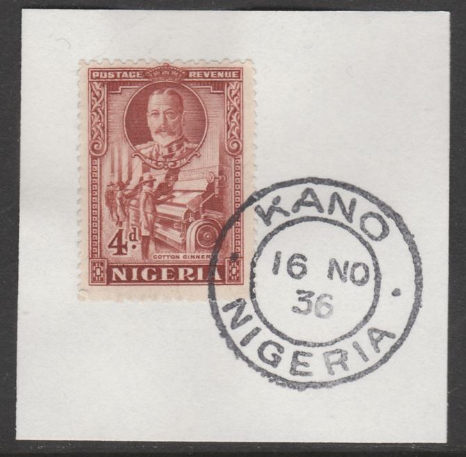Nigeria 1936 KG5 Pictorial 4d red-brown, SG 39 on piece with full strike of Madame Joseph forged postmark type 302, stamps on , stamps on  kg5 , stamps on 