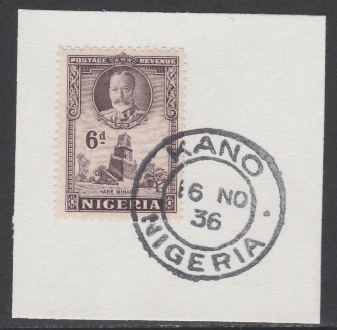 Nigeria 1936 KG5 Pictorial 6d dull violet, SG 40 on piece with full strike of Madame Joseph forged postmark type 302, stamps on , stamps on  stamps on , stamps on  stamps on  kg5 , stamps on  stamps on 