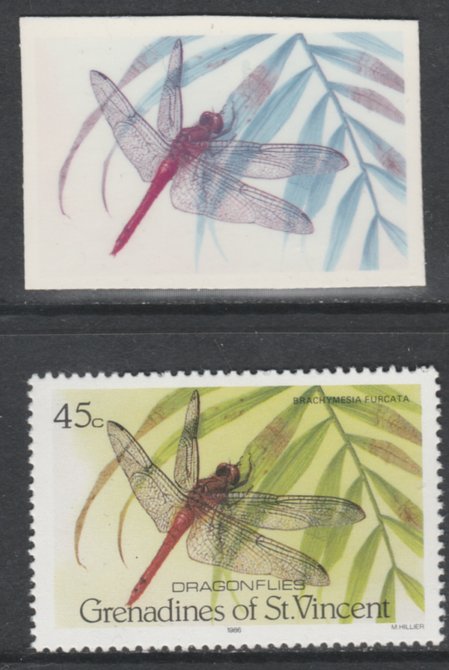 St Vincent - Grenadines 1986 Dragonflies 45c (SG 490) - imperf Cromalin die proof (plastic card) in magenta & cyan only plus issued stamp, a rare proof item from the Format International archives. Cromalin proofs are an essential part of the printing proces, produced in very limited numbers and rarely offered on the open market., stamps on , stamps on  stamps on insects, stamps on  stamps on dragonflies