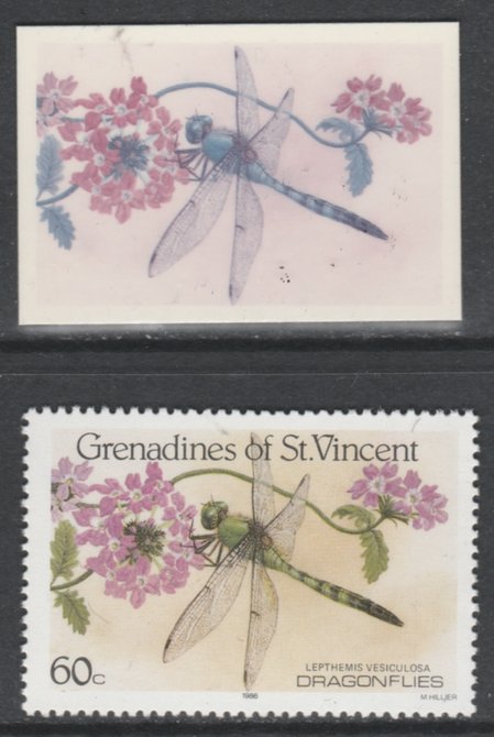 St Vincent - Grenadines 1986 Dragonflies 60c (SG 491) - imperf Cromalin die proof (plastic card) in magenta & cyan only plus issued stamp, a rare proof item from the Format International archives. Cromalin proofs are an essential part of the printing proces, produced in very limited numbers and rarely offered on the open market., stamps on , stamps on  stamps on insects, stamps on  stamps on dragonflies