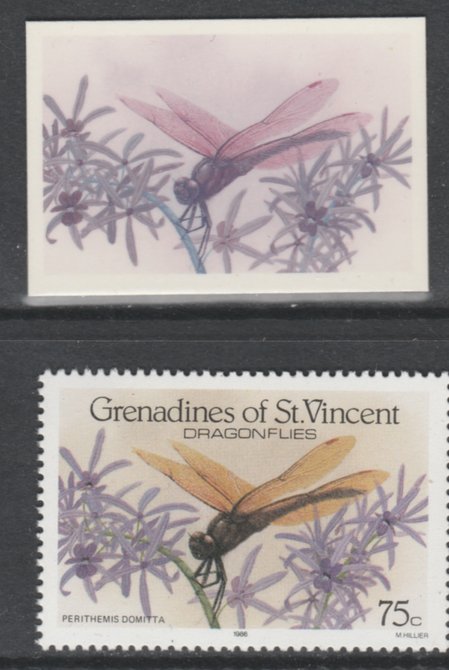 St Vincent - Grenadines 1986 Dragonflies 75c (SG 492) - imperf Cromalin die proof (plastic card) in magenta & cyan only plus issued stamp, a rare proof item from the Format International archives. Cromalin proofs are an essential part of the printing proces, produced in very limited numbers and rarely offered on the open market., stamps on , stamps on  stamps on insects, stamps on  stamps on dragonflies