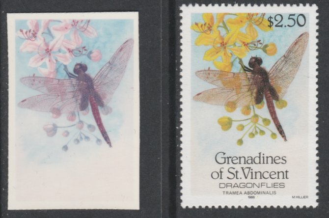 St Vincent - Grenadines 1986 Dragonflies $2.50 (SG 493) - imperf Cromalin die proof (plastic card) in magenta & cyan only plus issued stamp, a rare proof item from the Format International archives. Cromalin proofs are an essential part of the printing proces, produced in very limited numbers and rarely offered on the open market., stamps on , stamps on stamps on insects, stamps on stamps on dragonflies