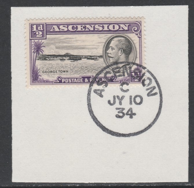 Ascension 1934 KG5 Pictorial 1/2d Georgetown SG 21 on piece with full strike of Madame Joseph forged postmark type 21