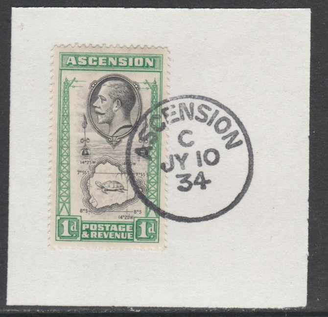 Ascension 1934 KG5 Pictorial 1d Map SG 22 on piece with full strike of Madame Joseph forged postmark type 21, stamps on , stamps on  stamps on , stamps on  stamps on  kg5 , stamps on  stamps on maps