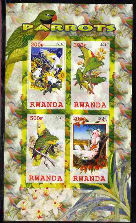 Rwanda 2010 Parrots imperf sheetlet containing 4 values unmounted mint, stamps on , stamps on  stamps on birds, stamps on  stamps on parrots