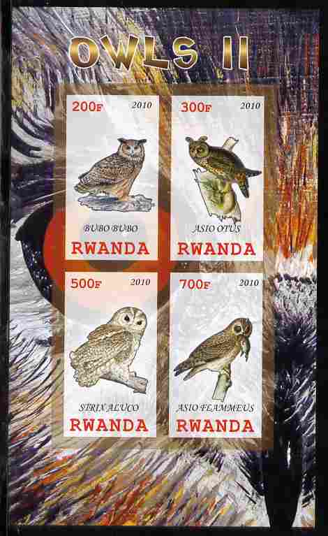 Rwanda 2010 Owls #2 imperf sheetlet containing 4 values unmounted mint, stamps on birds, stamps on birds of prey, stamps on owls