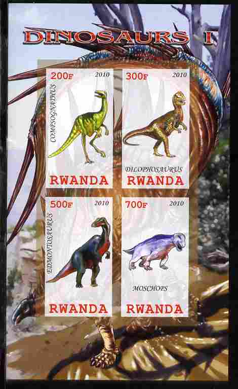 Rwanda 2010 Dinosaurs #1 imperf sheetlet containing 4 values unmounted mint, stamps on dinosaurs