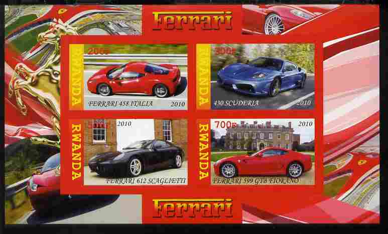 Rwanda 2010 Ferrari Cars imperf sheetlet containing 4 values unmounted mint, stamps on cars, stamps on ferrari