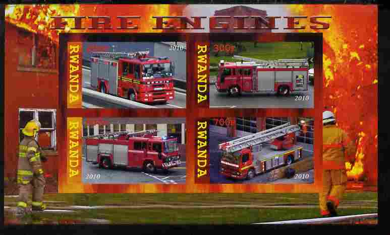 Rwanda 2010 Fire Engines imperf sheetlet containing 4 values unmounted mint, stamps on , stamps on  stamps on fire