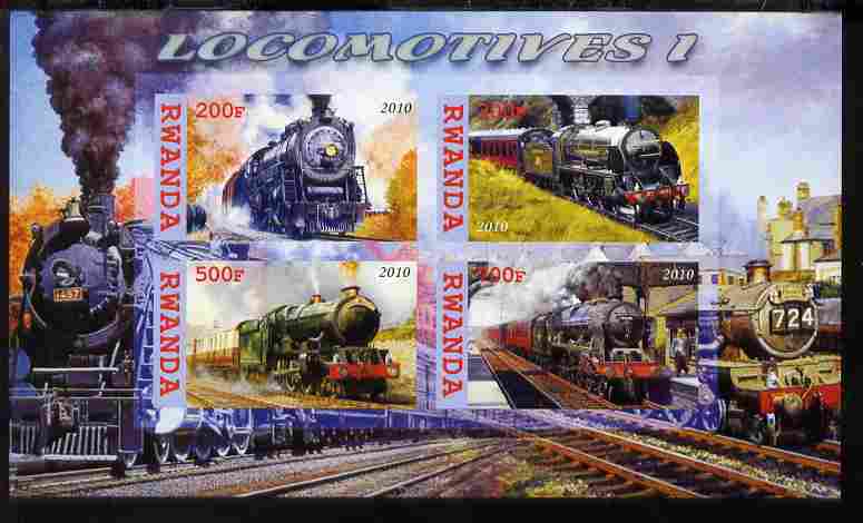 Rwanda 2010 Steam Locomotives #1 imperf sheetlet containing 4 values unmounted mint, stamps on , stamps on  stamps on railways