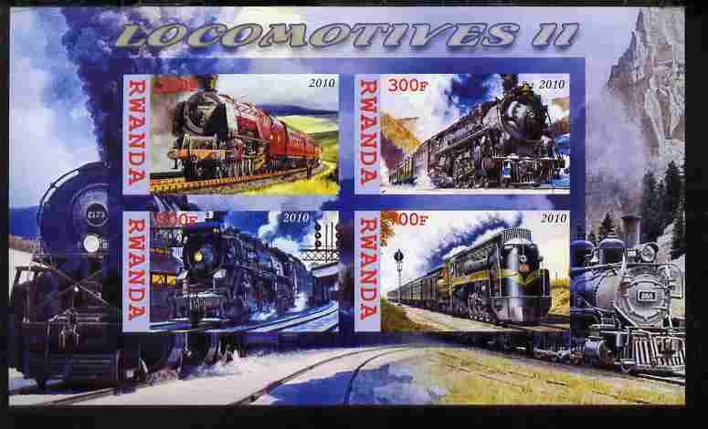 Rwanda 2010 Steam Locomotives #2 imperf sheetlet containing 4 values unmounted mint, stamps on railways