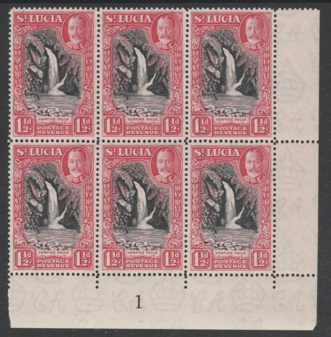 St Lucia 1936 KG5 Pictorial 1.5d black & scarlet SE corner block of 6 with Plate No.1 unmounted mint, SG 115, stamps on , stamps on  kg5 , stamps on waterfalls