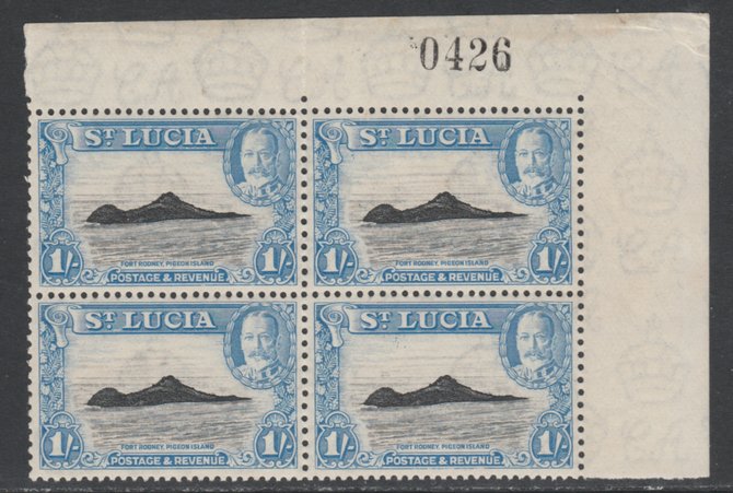 St Lucia 1936 KG5 Pictorial 1s black & light blue NE corner block of 4 with sheet number unmounted mint folded through vertical perfs, SG 121, stamps on , stamps on  kg5 , stamps on forts