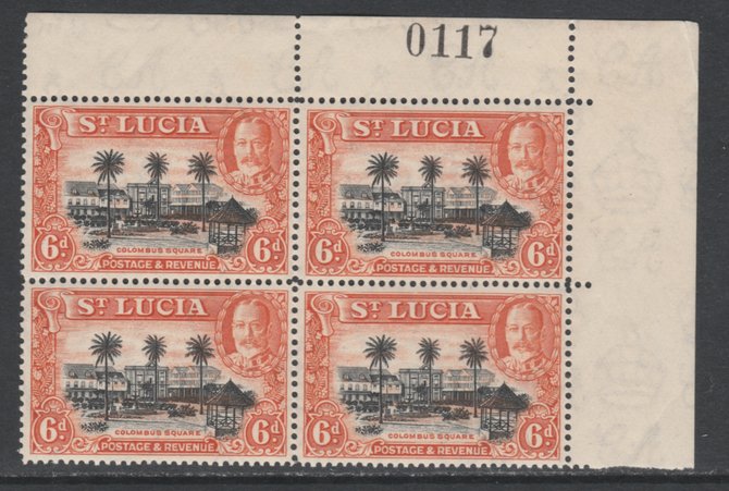 St Lucia 1936 KG5 Pictorial 6d black & orange NE corner block of 4 with sheet number unmounted mint, SG 120, stamps on , stamps on  kg5 , stamps on columbus