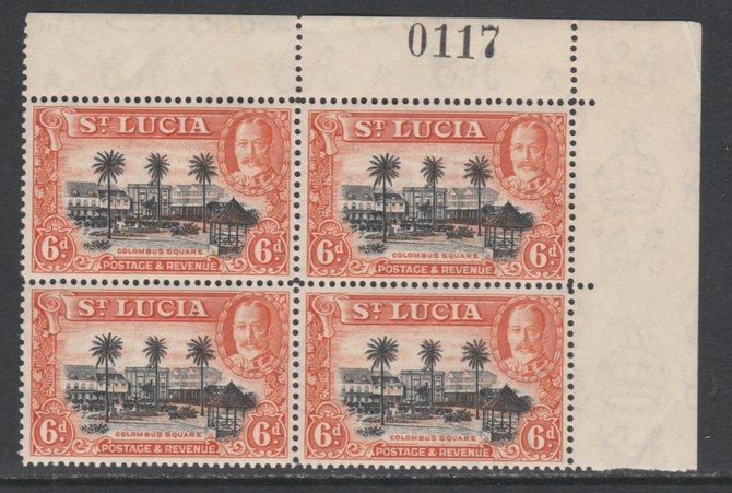 St Lucia 1936 KG5 Pictorial 6d black & orange NE corner block of 4 with sheet number unmounted mint, SG 120, stamps on , stamps on  kg5 , stamps on columbus
