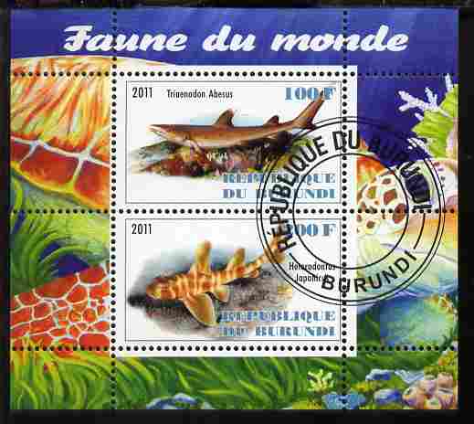 Burundi 2011 Fauna of the World - Sharks #1 perf sheetlet containing 2 values fine cto used, stamps on , stamps on  stamps on fish, stamps on  stamps on sharks