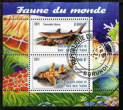 Burundi 2011 Fauna of the World - Sharks #1 perf sheetlet containing 2 values fine cto used, stamps on fish, stamps on sharks