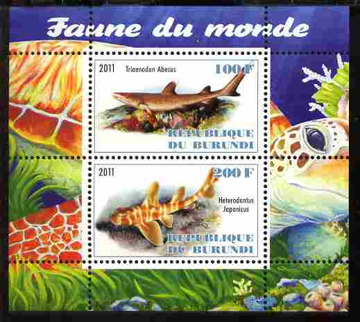 Burundi 2011 Fauna of the World - Sharks #1 perf sheetlet containing 2 values unmounted mint, stamps on , stamps on  stamps on fish, stamps on  stamps on sharks