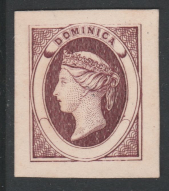 Dominica 1870 Bogus Die Proof in claret imperf on thin card produced by the Boston Gang. Described in full in Toeg's handbook on pages 27-28, a copy of which is included, stamps on , stamps on  stamps on dominica 1870 bogus die proof in claret imperf on thin card produced by the boston gang. described in full in toeg's handbook on pages 27-28, stamps on  stamps on  a copy of which is included