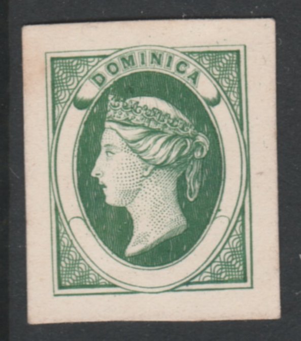 Dominica 1870 Bogus Die Proof in green imperf on thin card produced by the Boston Gang. Described in full in Toeg