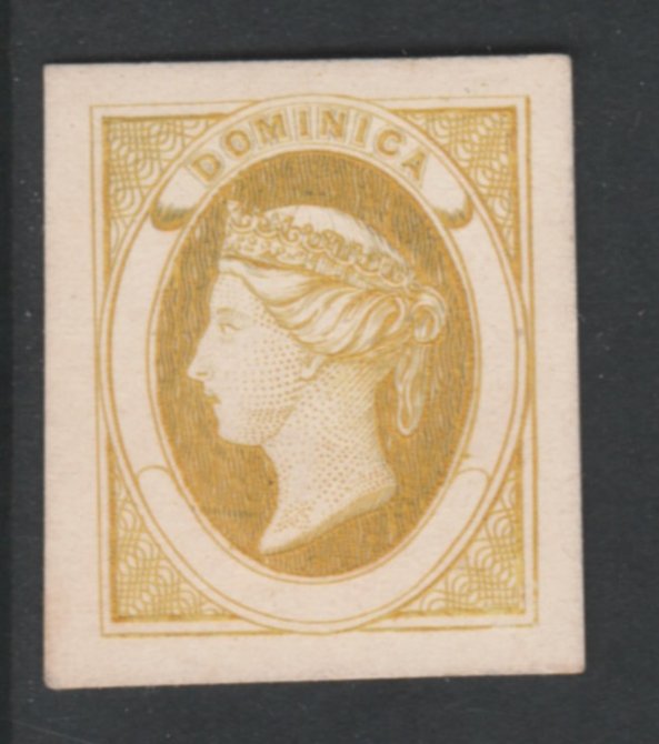 Dominica 1870 Bogus Die Proof in ochre imperf on thin card produced by the Boston Gang. Described in full in Toeg