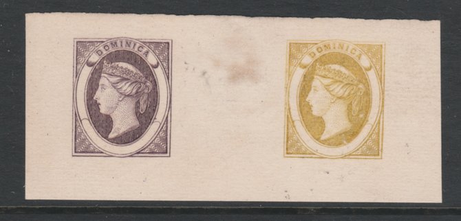 Dominica 1870 Bogus Die Proofs in violet & ochre imperf on thin card produced by the Boston Gang, similar to the piece illustrated in Toeg's handbook on pages 27-28, a copy of which is included, stamps on , stamps on  stamps on dominica 1870 bogus die proofs in violet & ochre imperf on thin card produced by the boston gang, stamps on  stamps on  similar to the piece illustrated in toeg's handbook on pages 27-28, stamps on  stamps on  a copy of which is included