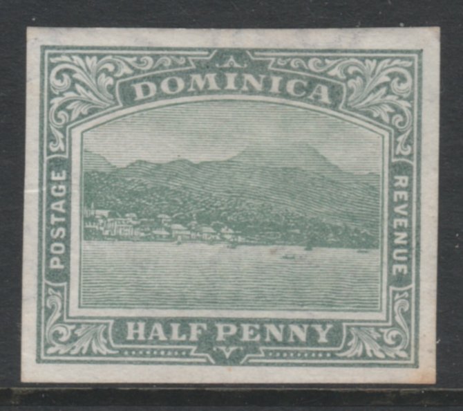 Dominica 1907 Roseau 1/2d green wmk Multiple Crown CA fine mint imperf plate proof as SG37, stamps on , stamps on  stamps on dominica 1907 roseau 1/2d green wmk multiple crown ca fine mint imperf plate proof as sg37