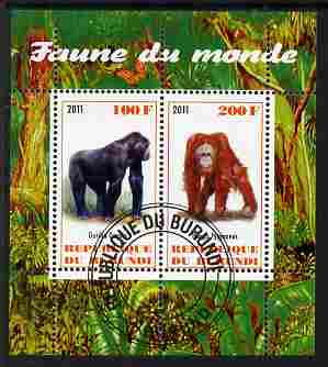 Burundi 2011 Fauna of the World - Big Apes (Gorilla & Orangutan) perf sheetlet containing 2 values fine cto used, stamps on animals, stamps on primates, stamps on gorillas, stamps on apes, stamps on orangutans