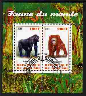 Burundi 2011 Fauna of the World - Big Apes (Gorilla & Orangutan) perf sheetlet containing 2 values fine cto used, stamps on , stamps on  stamps on animals, stamps on  stamps on primates, stamps on  stamps on gorillas, stamps on  stamps on apes, stamps on  stamps on orangutans