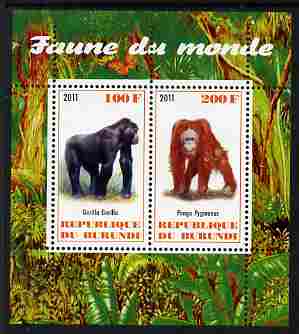 Burundi 2011 Fauna of the World - Big Apes (Gorilla & Orangutan) perf sheetlet containing 2 values unmounted mint, stamps on , stamps on  stamps on animals, stamps on  stamps on primates, stamps on  stamps on gorillas, stamps on  stamps on apes, stamps on  stamps on orangutans