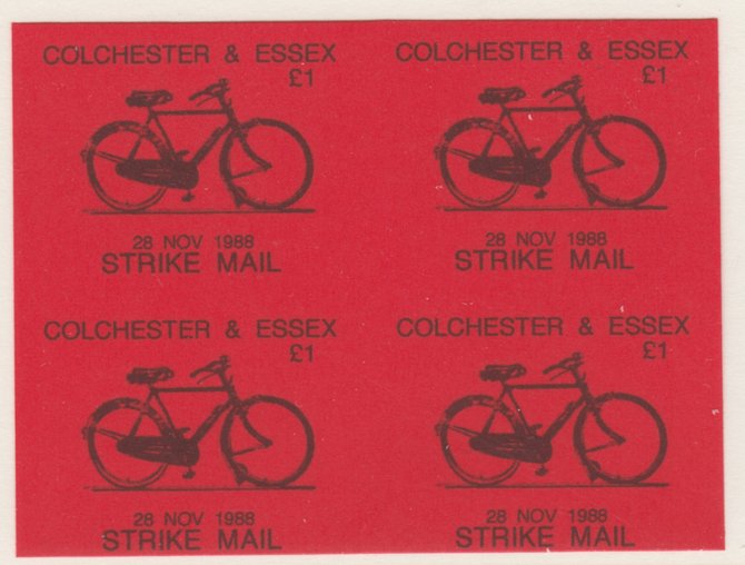 Cinderella - Great Britain 1988 Colchester & Essex A31 Strike Mail label black on red showing Bicycle and dated 28 Nov 1988 imperf proof block of 4 on ungummed paper, stamps on , stamps on  stamps on cinderella, stamps on  stamps on bicycles, stamps on  stamps on strike