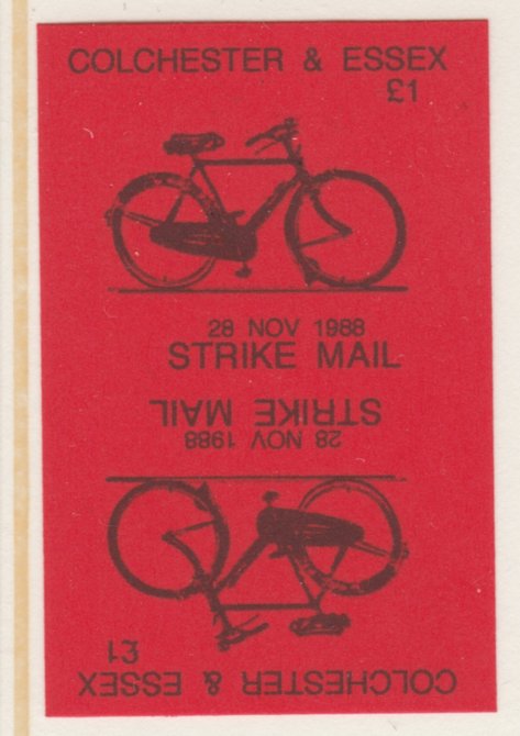 Cinderella - Great Britain 1988 Colchester & Essex A31 Strike Mail label black on red showing Bicycle and dated 28 Nov 1988 imperf tete-beche proof pair on ungummed paper, stamps on , stamps on  stamps on cinderella, stamps on  stamps on bicycles, stamps on  stamps on strike