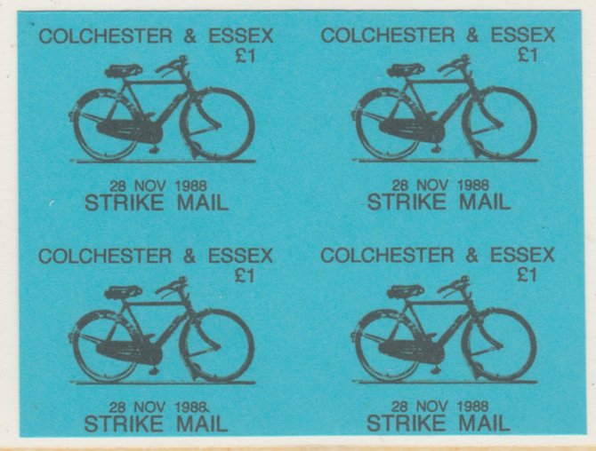 Cinderella - Great Britain 1988 Colchester & Essex \A31 Strike Mail label black on blue showing Bicycle and dated 28 Nov 1988 imperf proof block of 4 on ungummed paper, stamps on cinderella, stamps on bicycles, stamps on strike