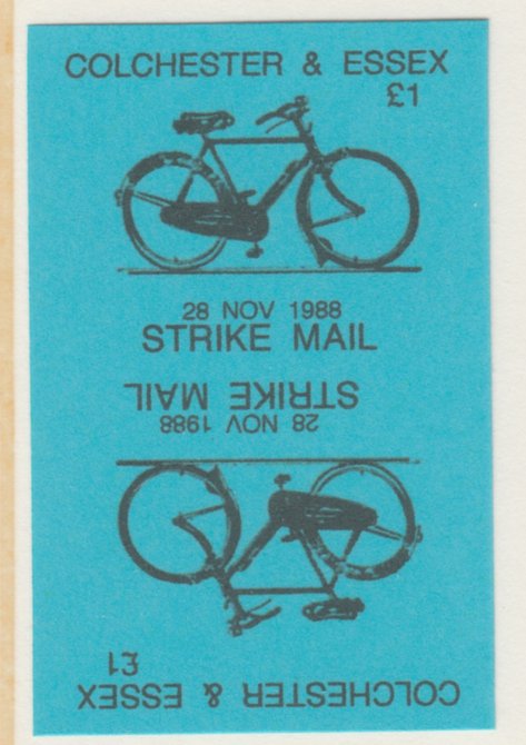 Cinderella - Great Britain 1988 Colchester & Essex A31 Strike Mail label black on blue showing Bicycle and dated 28 Nov 1988 imperf tete-beche proof pair on ungummed paper, stamps on , stamps on  stamps on cinderella, stamps on  stamps on bicycles, stamps on  stamps on strike