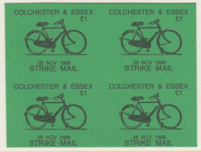 Cinderella - Great Britain 1988 Colchester & Essex \A31 Strike Mail label black on green showing Bicycle and dated 28 Nov 1988 imperf proof block of 4 on ungummed paper, stamps on cinderella, stamps on bicycles, stamps on strike