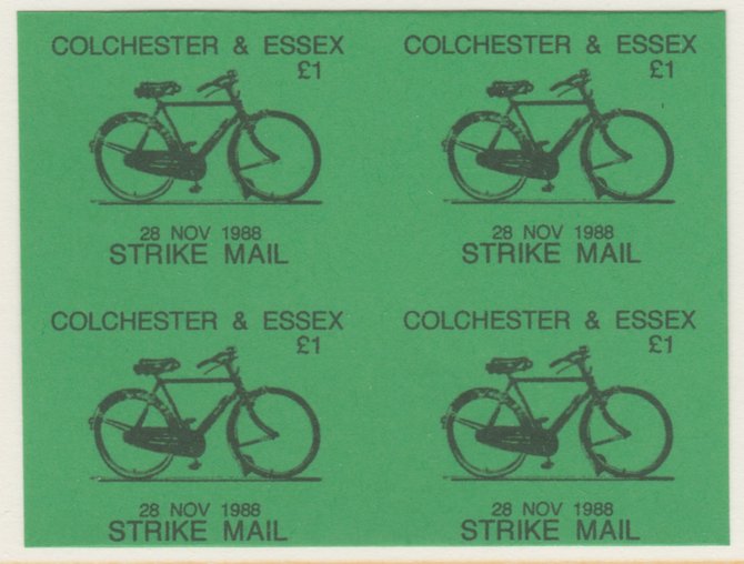 Cinderella - Great Britain 1988 Colchester & Essex A31 Strike Mail label black on green showing Bicycle and dated 28 Nov 1988 imperf proof block of 4 on ungummed paper, stamps on , stamps on  stamps on cinderella, stamps on  stamps on bicycles, stamps on  stamps on strike