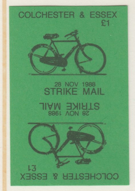 Cinderella - Great Britain 1988 Colchester & Essex \A31 Strike Mail label black on green showing Bicycle and dated 28 Nov 1988 imperf tete-beche proof pair on ungummed paper, stamps on cinderella, stamps on bicycles, stamps on strike