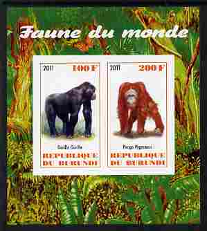 Burundi 2011 Fauna of the World - Big Apes (Gorilla & Orangutan) imperf sheetlet containing 2 values unmounted mint, stamps on , stamps on  stamps on animals, stamps on  stamps on primates, stamps on  stamps on gorillas, stamps on  stamps on apes, stamps on  stamps on orang                              utans, stamps on  stamps on orang-utan