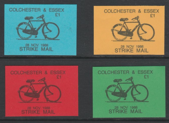 Cinderella - Great Britain 1988 Colchester & Essex 1 Strike Mail - 4 imperf labels in red, blue, yellow & green on ungummed paper, showing Bicycle and dated 28 Nov 1988 , stamps on cinderella, stamps on bicycles, stamps on strike