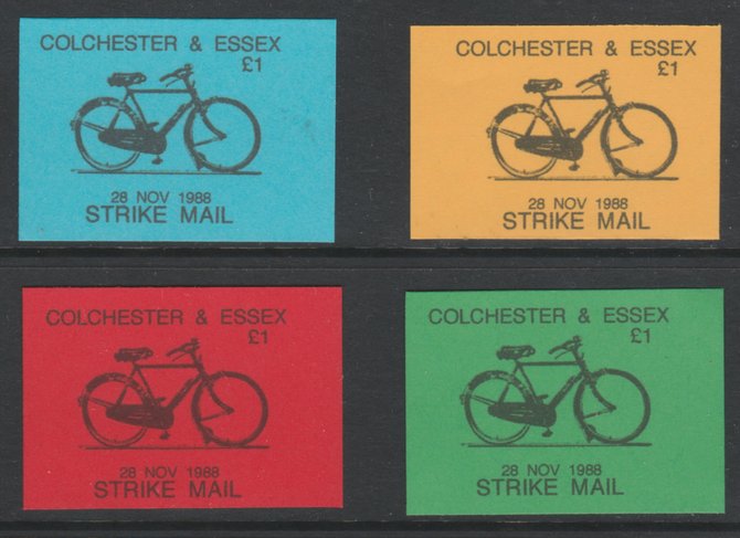 Cinderella - Great Britain 1988 Colchester & Essex 1 Strike Mail - 4 imperf labels in red, blue, yellow & green on ungummed paper, showing Bicycle and dated 28 Nov 1988 