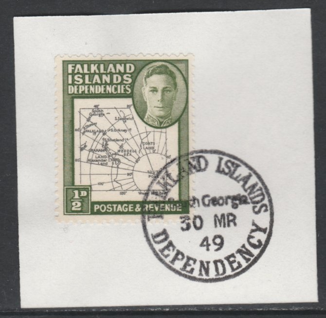 Falkland Islands Dependencies 1946-49 KG6 Thick Maps 1/2d on piece with full strike of Madame Joseph forged postmark type 158, SG G1, stamps on , stamps on  kg6 , stamps on maps