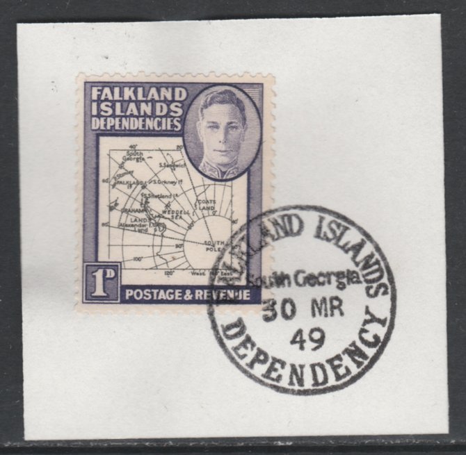 Falkland Islands Dependencies 1946-49 KG6 Thick Maps 1d on piece with full strike of Madame Joseph forged postmark type 158, SG G2, stamps on , stamps on  kg6 , stamps on maps