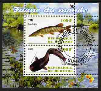 Burundi 2011 Fauna of the World - Fish #2 (Pike & Catfish) perf sheetlet containing 2 values fine cto used, stamps on , stamps on  stamps on fish, stamps on  stamps on pike, stamps on  stamps on catfish
