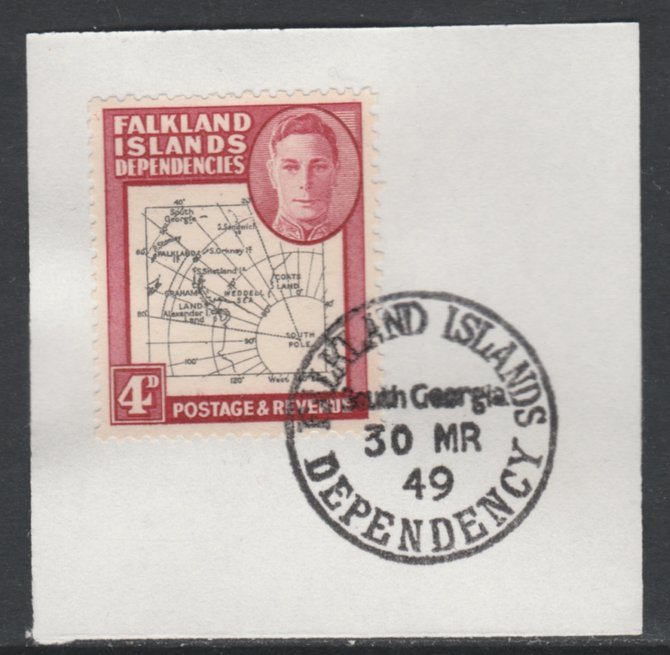 Falkland Islands Dependencies 1946-49 KG6 Thick Maps 4d on piece with full strike of Madame Joseph forged postmark type 158, SG G5, stamps on , stamps on  stamps on , stamps on  stamps on  kg6 , stamps on  stamps on maps  