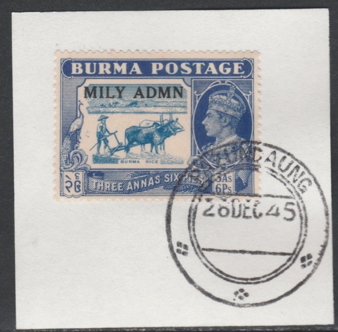 Burma 1945 Mily Admin opt on Burma Rice 3a6p light blue & blue SG 44 on piece with full strike of Madame Joseph forged postmark type 106, stamps on , stamps on  kg6 , stamps on elephants, stamps on teak, stamps on wood, stamps on timber