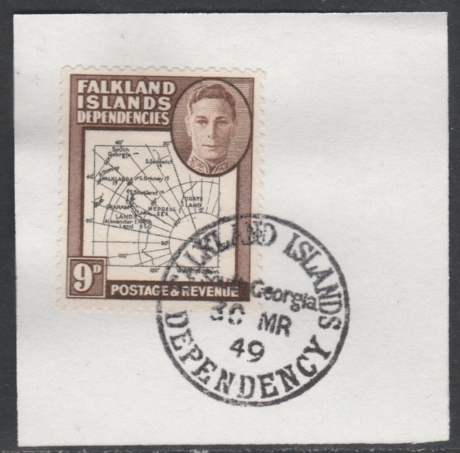 Falkland Islands Dependencies 1946-49 KG6 Thick Maps 9d on piece with full strike of Madame Joseph forged postmark type 158, SG G7, stamps on , stamps on  kg6 , stamps on maps