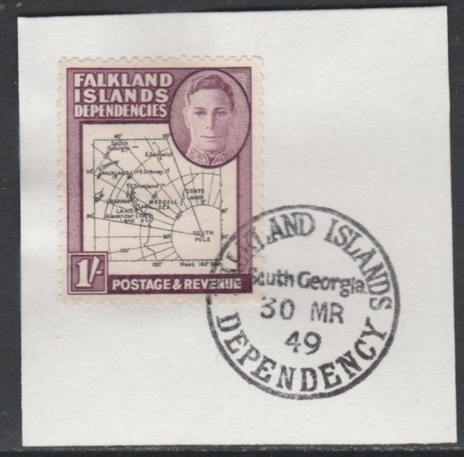 Falkland Islands Dependencies 1946-49 KG6 Thick Maps 1s on piece with full strike of Madame Joseph forged postmark type 158, SG G8, stamps on , stamps on  kg6 , stamps on maps