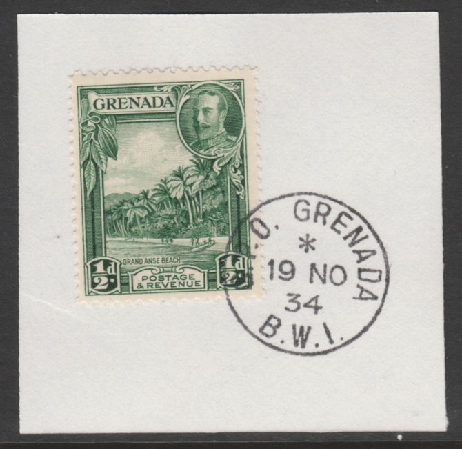 Grenada 1934-36 KG5 Pictorial 1/2d green P12.5 (SG 135) on piece with full strike of Madame Joseph forged postmark type 201